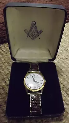 SPEZIAL MASONIC 1970s White Faced 17 Jewel Swiss Watch With Original Strap & Box • £79.99