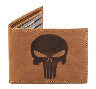 Punisher Marvel Comics Skull Logo On Brown Bi-Fold Wallet Genuine Leather • $23.99