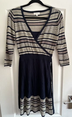 £0.99 • Buy Monsoon Beige & Navy Striped Faux Wrap Knee Length Knitted Dress Size Small