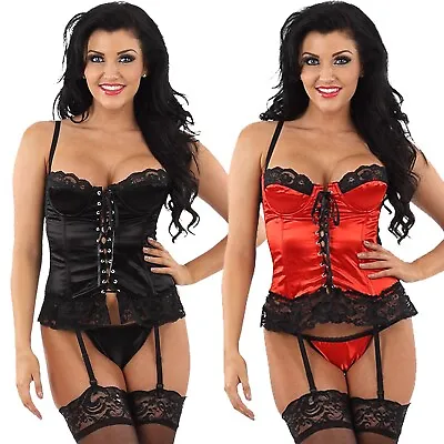 Black Red Satin Lace Corset Basque Suspenders & Thong Hook & Eye PLUS SIZE • £17.99