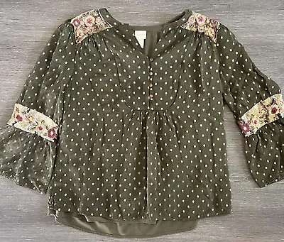 Chico's Olive Green Gold  Bell Sleeve Velvet Floral Women’s Short Boho Shirt Sz3 • £12.46