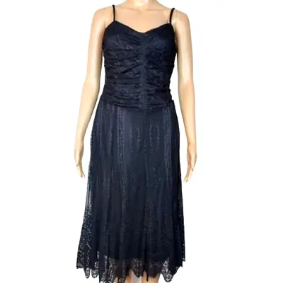 Rockmans Lace Midi Dress Vintage Black Fit Flare Sz 10 Embroided Ruffle Classic • $38.33