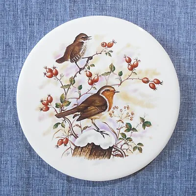 H & R Johnson Round Tile Trivet From ENGLAND Brown Orange Songbird Berries Bird  • $9.99