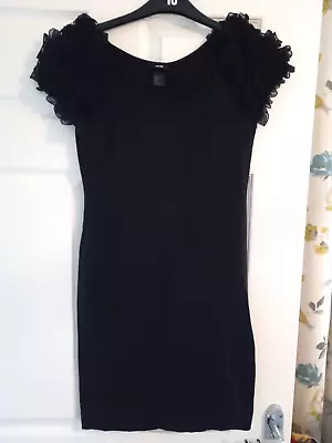 H&M  Black Mini  Jersey Dress Size S 8-10 UK Ruffle Shoulder  Organic Cotton • £2