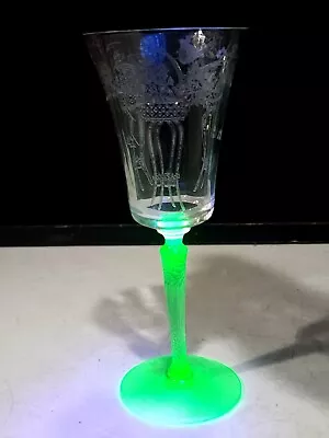 Morgantown Green Uranium Glass Reverse Twist Water Glass  W/  Nantucket Etch  • $49.99