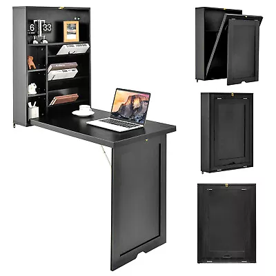 Wall Mounted Space-Saving Desk W/ Spacious Tabletop & Upper Compartments Black • $109.99