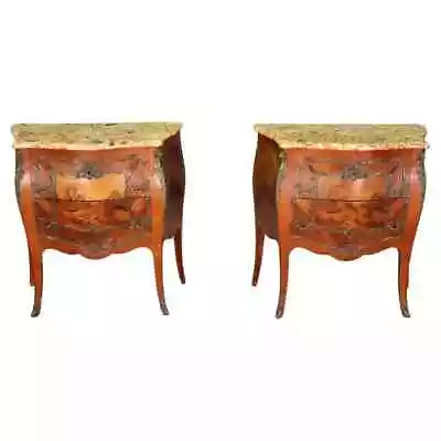 Pair Of Antique Inlaid Breche D' Alep Marble Top French Nightstands Commodes • $2995