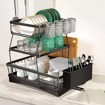 Dish Drying Rack3-Tier Stainless Steel Dish Drainer With Drip TrayBlack Draine • $85.99