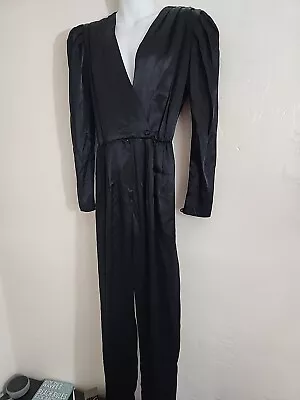 Vintage 70's 80's Jumpsuit Jc Penney Sz 9 10 Black Acetate Satin Nylon Lt Weight • $29.98