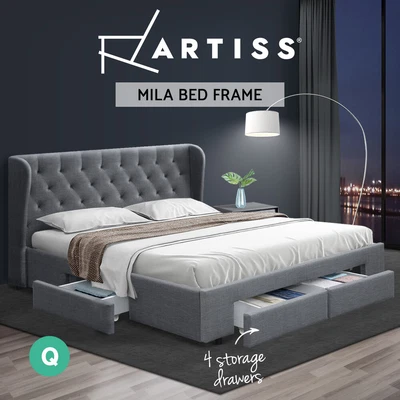 $474.95 • Buy Artiss Bed Frame Queen Size Base With Storage Drawers Charcoal Fabric MILA