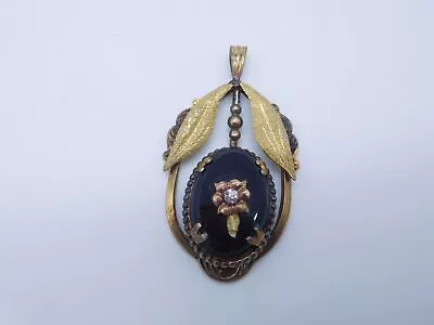 Victorian Mourning Gold Filled Black Onyx Stone French Paste Flower Pendant • $199.99