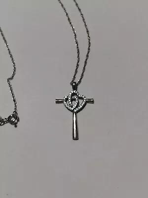 Vintage Sterling Silver Cross Hearts With Diamonds Necklace  925 • $15