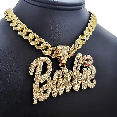 Women Gold Plated Large Barbie Charm & Iced Cubic Zirconia Cuban Chain Necklace • $19.99