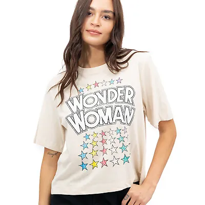 Official DC Comics Ladies Wonder Woman Stars Boxy Cropped T-shirt Beige S-XL • £13.99