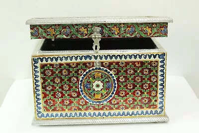 Jewelry Storage Box Of Wood With Silver Coated - Hand Made Meenakari Art • $1004.99