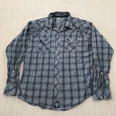 Rock 47 Wrangler Pearl Snap Shirt Mens Extra Large Gray Plaid Western Cowboy • $22