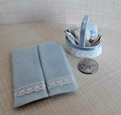 Dollhouse Miniature Blue Bath Set Filled Basket & Handcrafted Lace Towels 1:12 • $8.50