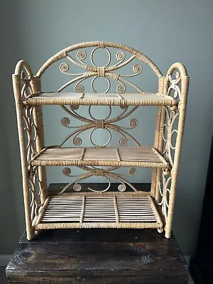 Vintage Boho Tiki 1970s Natural Rattan 3 Shelf Fold Up Table Shelf • $94.99