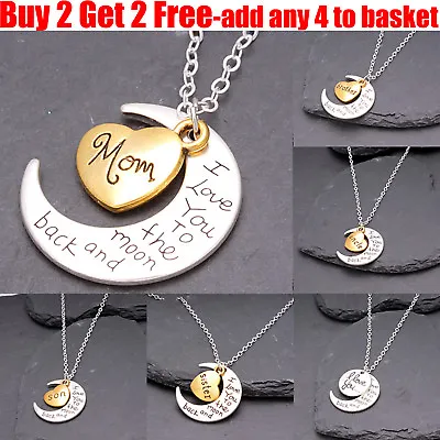 I Love You To The Moon & Back Family Heart Silver Necklace Pendant For Women Men • £1.39