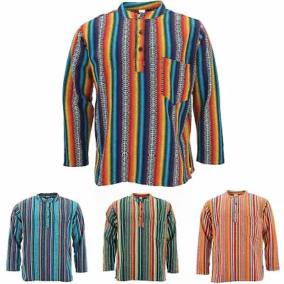 Mens Grandad Shirt Kurta Collar Collarless Long Sleeve Rainbow Woven Cotton • £19.90