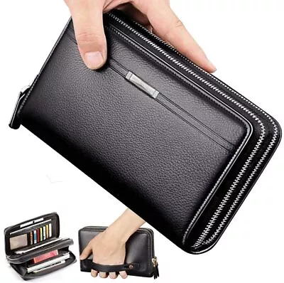 Men's Clutches Genuine Leather Long Wallet With Zipper Large Capacity Coin Purse • $16.99