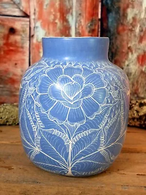 Floral Vase Powder Blue & White Hand Painted Michoacan Mexican Folk Art Med Sz • $68