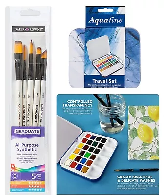 Daler-Rowney Aquafine Travel Tin 24 Half Pans W/Mini Brush & 5 Brushes In Set • £14