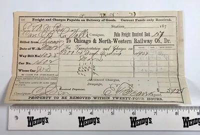Rare 1872 Chicago & North Western C&NW Railroad Way Bill Chicago IL Illinois • $15