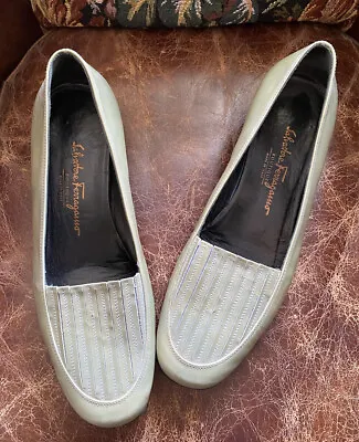 GENUINE Grey-Green Salvatore Ferragamo Size 9 Office Mid-heel Leather Shoes • $85