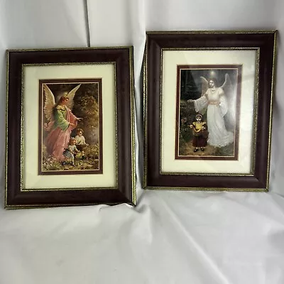 Vintage Guardian Angel Prints Set Of 2 Children Burgundy Frames Wall Art 8x10” • $30