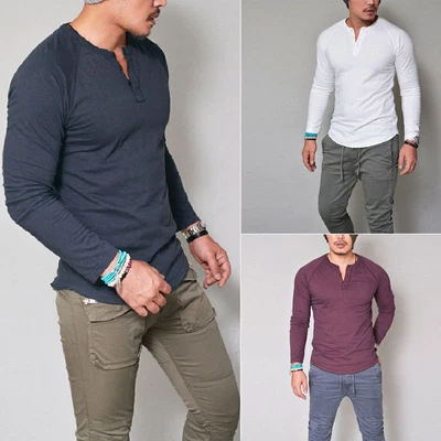 £13.19 • Buy Mens V Neck Henley Shirts Long Sleeve Casual Solid Slim Fit Sport T-Shirts Top