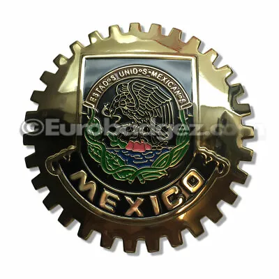 1 NEW Gold Front Grill Badge Mexican Flag Spanish MEXICO MEDALLION GOLDEN CHROME • $23.99