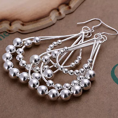 925 Sterling Silver Chandelier Beads Bali Hoop Pierced Earrings L154 • $8.99