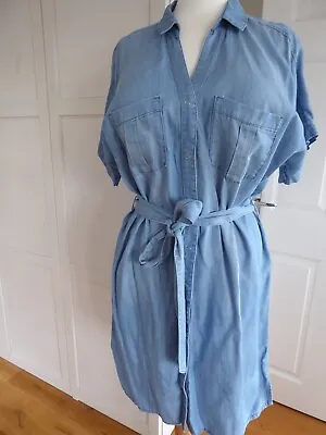 H&M Mid Blue Wash Denim Lyocell Button Front Belted Shirt Dress Size 12 • £15.99