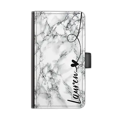 Personalised PU Leather Phone Case Black Name Heart On Grey Marble Flip Cover • £14.99