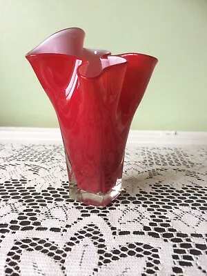 VINTAGE RED ART GLASS- Handkerchief Vase - MURANO STYLE  - Opaque  Inner Surface • £12.99