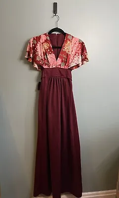 Vintage 70s Floral Handmade Formal Prom Pink Burgundy Maxi Waist Tie Dress • $25