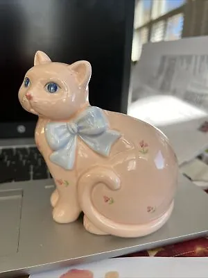 Vintage Takahashi  Sitting Cat Kitty Pink Floral Design Planter/vase • $17