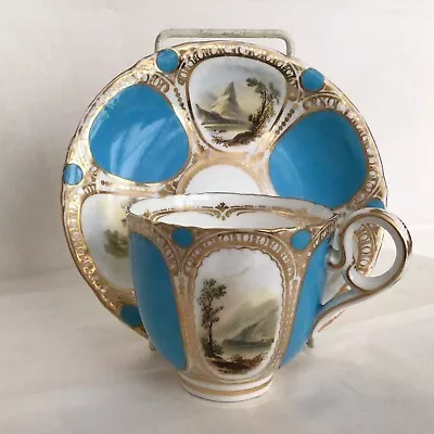 19th Century Coalport Cup & Saucer - Hand Painted Landscape Scenes C. 1850 #2 • £95