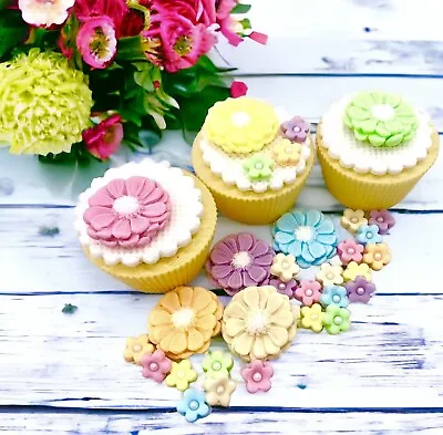 60 Edible Pastel Flowers Daisy Fondant Sugar Paste Cake Topper Decor Baby Shower • £8.99