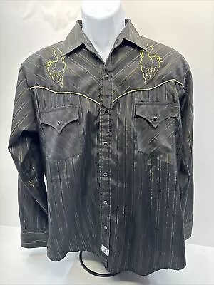 Ely 1878 Embroidered Western Pearl Button L/S Black Gold Shirt Mens LARGE • $22.90