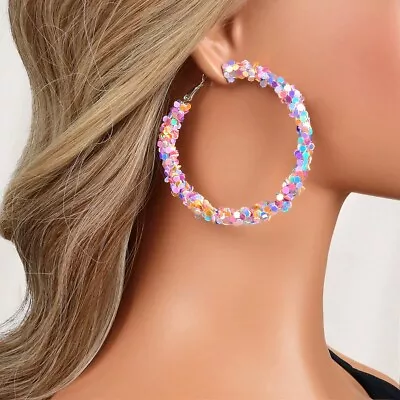 Colorful Glittery Statement Earrings - Large Dazzling Dangle Ear Accessories • $2.99