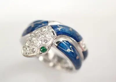 Faberge 18k White Gold Blue Enamel Diamond And Emerald Snake Ring With Box Paper • $8122.32