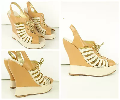 £45 • Buy TERRY DE HAVILLAND Nude Brown Platform Lace Up Wedges Size 4 37