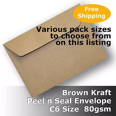Kraft Brown ReCycled C6 Size Envelopes 80gsm Wallet Shape Peel N Seal #S0171P • $11.10