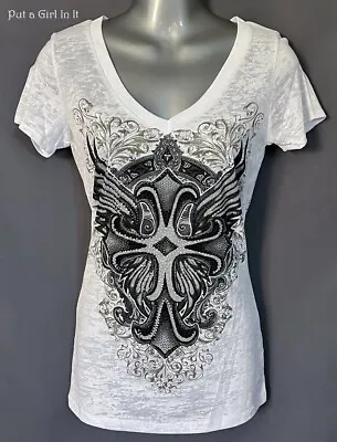New VOCAL Womens USA CRYSTAL WHITE CROSS WINGS BURNOUT OLD SCHOOL SHIRT S M L XL • $37.95