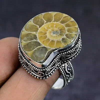 Natural Ammonite Fossil Gemstone 925 Sterling Silver Jewelry Ring Size 10 G360 • £9.63
