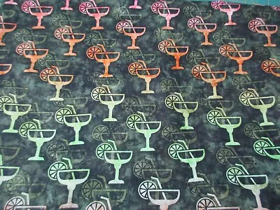 $4 • Buy 1 Fat Quarter New Cotton Fabric Margarita Glasses On Dark Green By Dan Morris