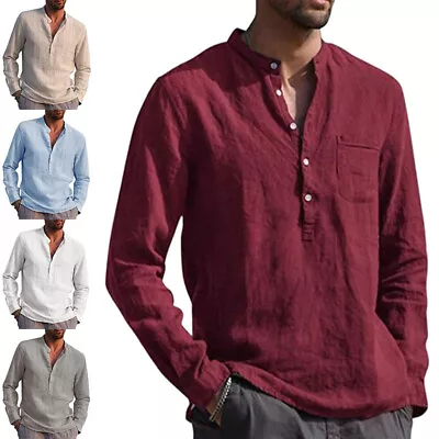 Mens Long Sleeve Cotton Linen Shirt Casual Solid Button-up V Neck Tops T Shirt • $19.62