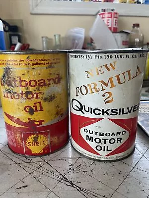 Lot Of 2 Outboard Oil Metal Cans Shell & Quicksilver Clean Empty Tins • $34.99